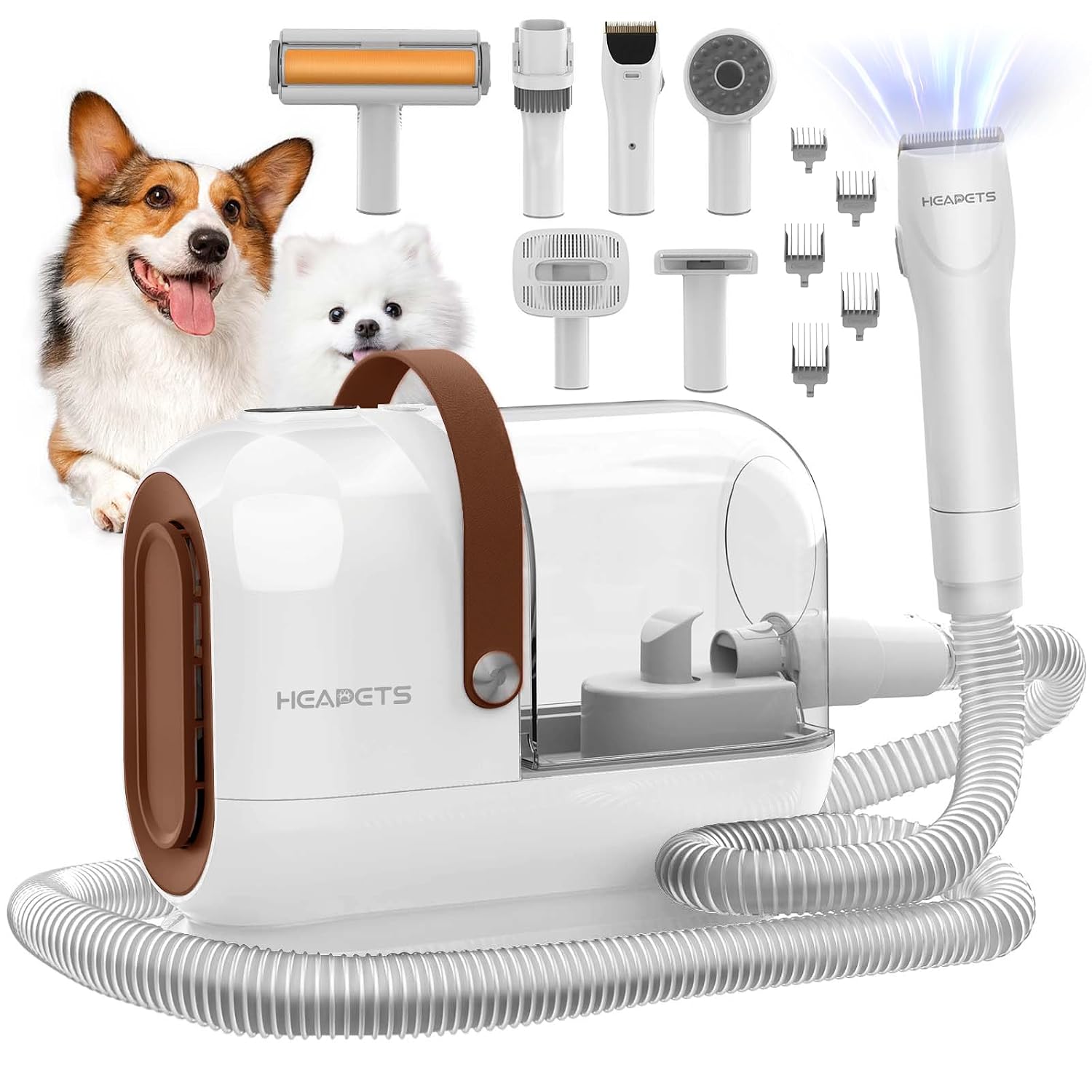 Grooming Kit - HEAPETS犬用グルーミング掃除機キット - 3L真空掃除機（7種類のツール付き）、低騒音電動バリカンとブラシ、家庭でのペットの抜け毛処理用、ホワイト